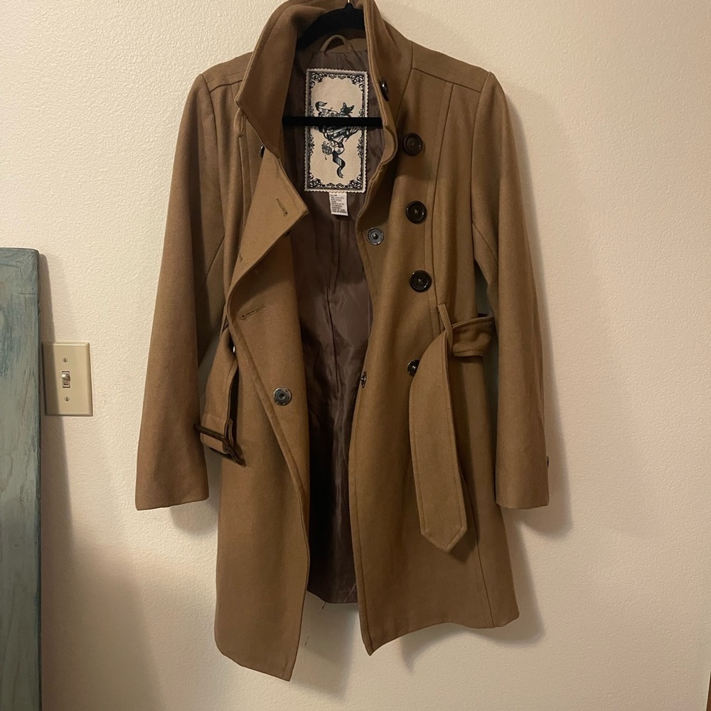 Wool Blend Tan Double-Breasted Coat - Picture 14 of 16